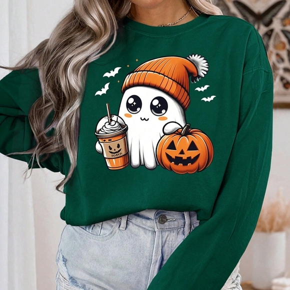 Women's Halloween Themed Print Crew Neck Long Sleeve Sweatshirt